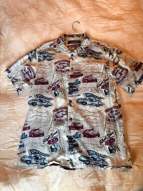 Newport Blue Vintage Racing Beige Racing Print Short Sleeve Button-Down Shirt